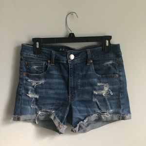 Ripped light blue wash high rise short shorts